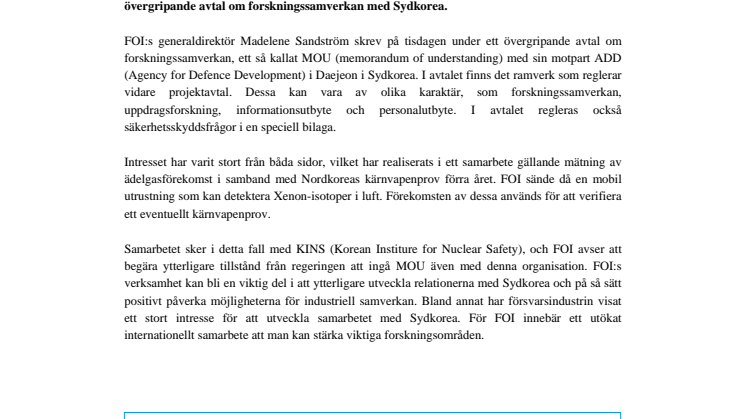 Nytt samarbetsavtal mellan FOI och Sydkorea