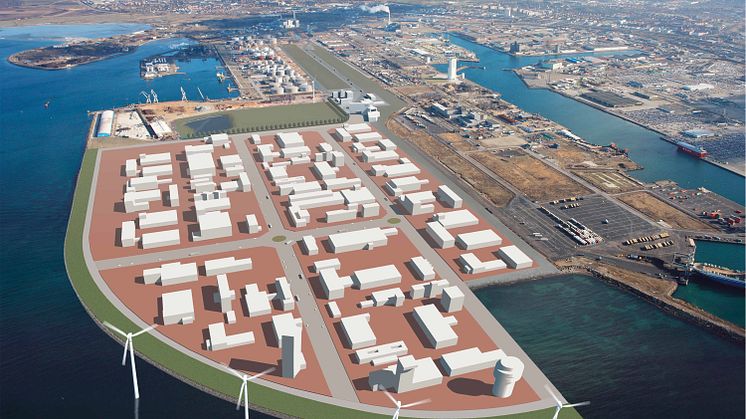 Malmö Industrial Park i Norra Hamnen i Malmö, fullt utbyggd 2026. Totalt 900 000 kvadratmeter stort.
