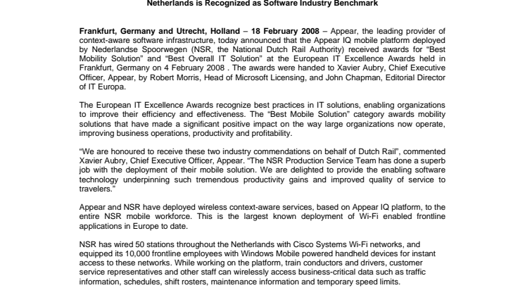 Dutch Rail Mobile Deployment Receives Two Awards for Excellence at “European IT Excellence Awards” Ceremony 2008 