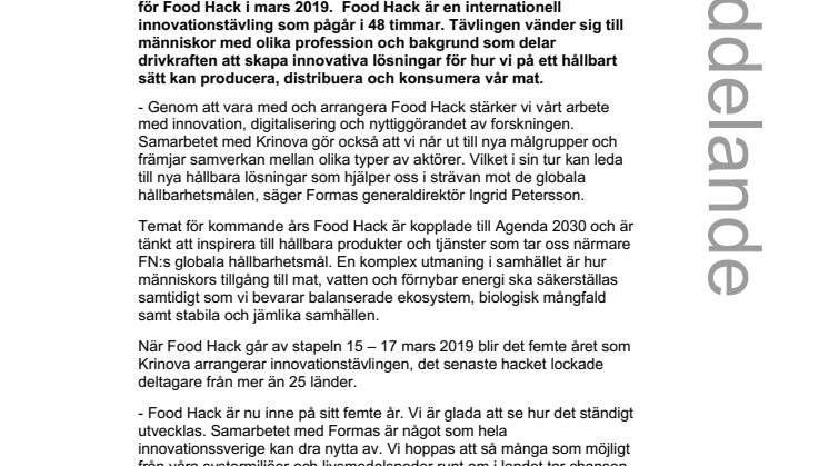 Krinova arrangerar Food Hack 2019 tillsammans med forskningsrådet Formas 