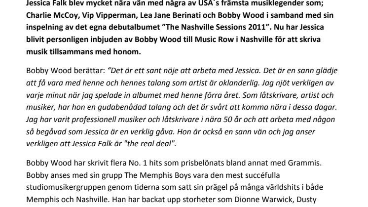 Musikhistoriens största legender och musiker bjuder in svenska Jessica Falk till USA för inspelning av nytt album 