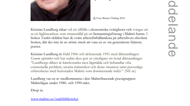 Stadsbiblioteket i Malmö tor 10 feb: Författaren Kristian Lundberg