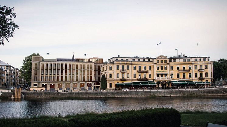 Arkitektskiss som visar stadshotellet och den tillbyggnad som beviljades bygglov idag 20 juni. Skiss: Tengbom arkitekter.