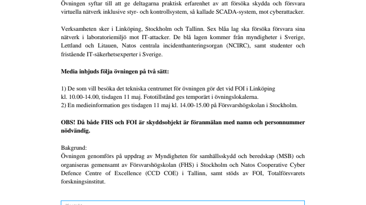 Pressinbjudan: Internationell cybersäkerhetsövning 10-11 maj