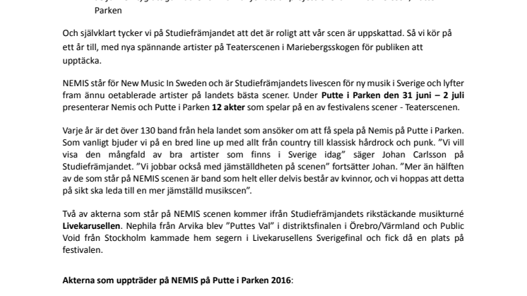 12 nya artister till Putte i Parken i Karlstad