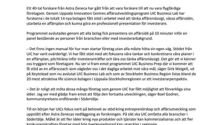 40 tidigare Astra Zeneca-forskare nu flygfärdiga företagare