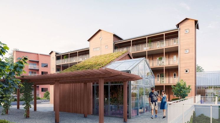Brf Växthuset - 3D-bild av flerbostadshus och litet växthus. 
