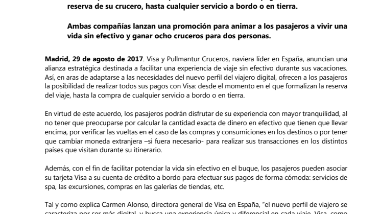 Visa y Pullmantur Cruceros se alían para mejorar la experiencia de compra de sus pasajeros