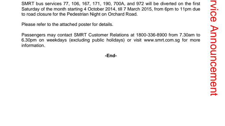 Road Diversion due to Pedestrian Night on Orchard Road on 4 October 2014