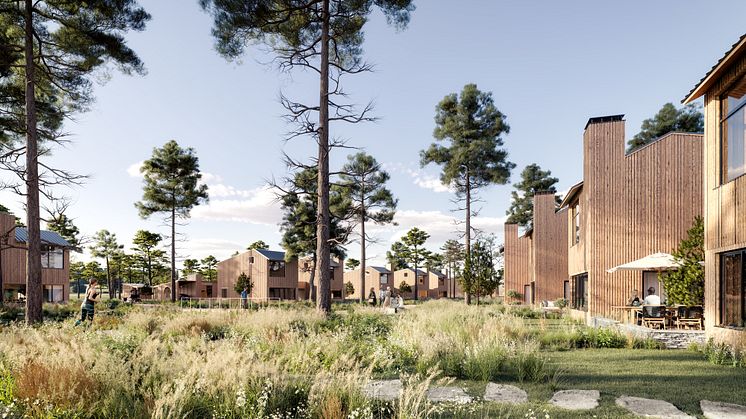 Det nya hållbara bostadsområdet vid Kristianstad Golfklubb & Destination i Åhus omfattar 400 bostäder som alla integreras med naturen. Illustrationer framtagna av Arkitema.