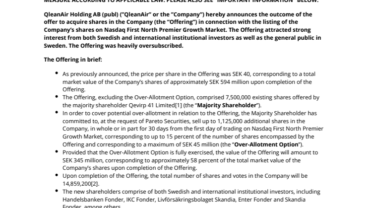 QleanAir announces the outcome of the Offering - trading on Nasdaq First North Premier Growth Market starts today