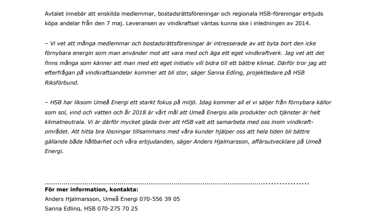 Umeå Energi erbjuder vindkraft till HSB-medlemmar