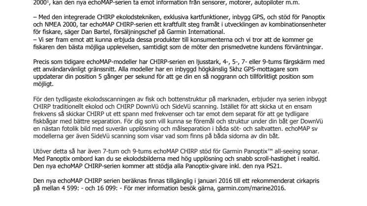Garmin® presenterar nya echoMAP™ CHIRP-serien