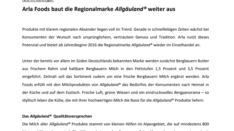 Pressemitteilung: Arla Foods baut die Regionalmarke Allgäuland® weiter aus