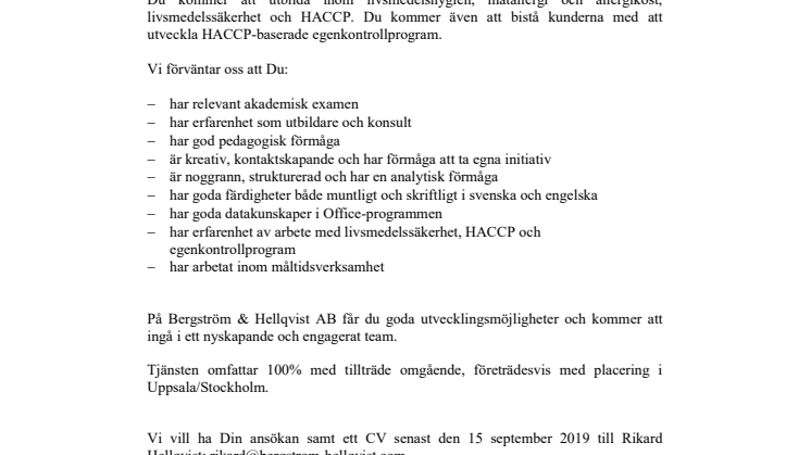 Vi söker en ​utbildare och konsult i livsmedelssäkerhet