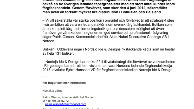 Nordsjö Butiker AB förvärvar Färgbolaget i Uddevalla