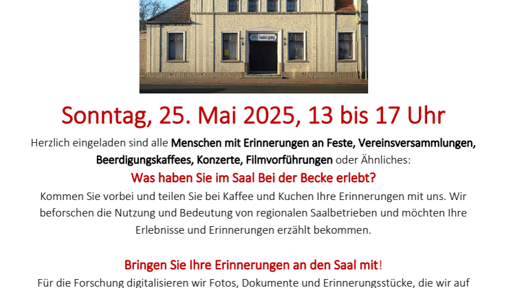 Einladung zum Erzählcafé zum Saalbetrieb Bei der Becke