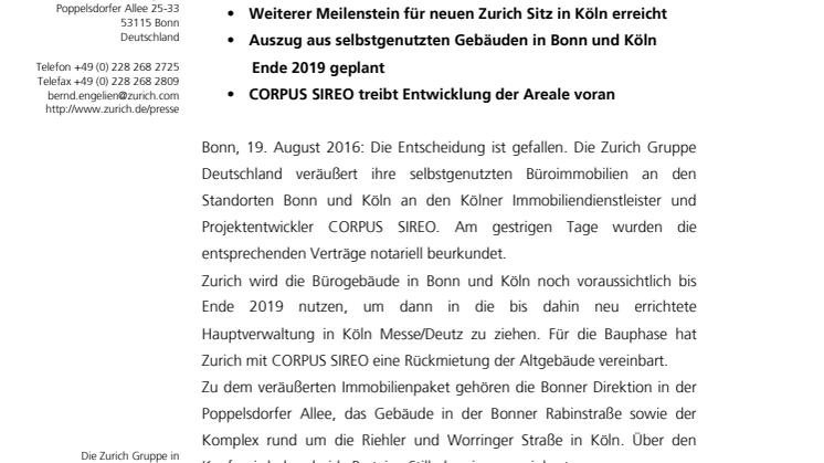 Zurich veräußert Bürostandorte Bonn und Köln an CORPUS SIREO