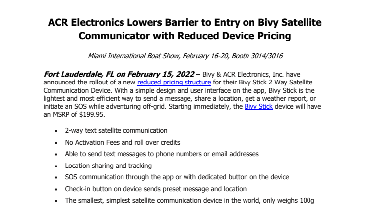 Feb 15 2022_Miami - ACR Electronics Lowers Barrier to Entry on Bivy Satellite Communicator with Reduced Device Pricing.pdf
