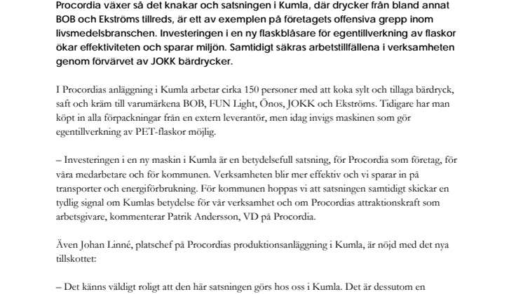 Procordia storsatsar i Kumla  - startar egen flasktillverkning