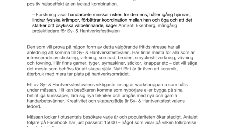 Sy- & Hantverksfestivalen 24-26 mars 2017 på Malmömässan