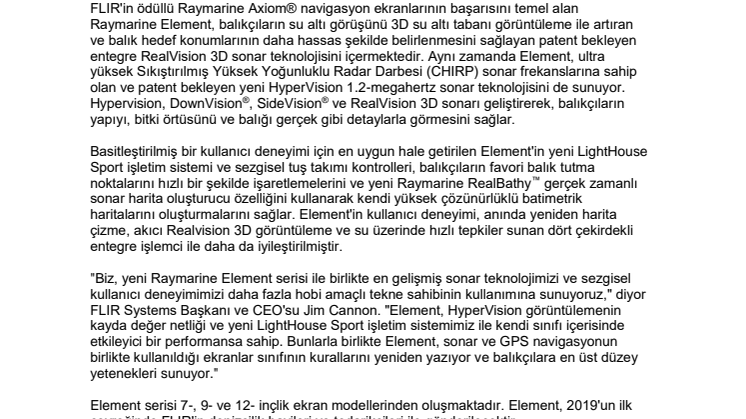 Raymarine: FLIR, Gerçek Gibi Görünen Sonar Görüntüleme Özellikli Raymarine Element Serisini Sunar