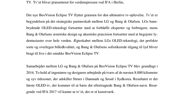LG OG BANG & OLUFSEN AFSLØRER NYT PREMIUM TV VED IFA 2017