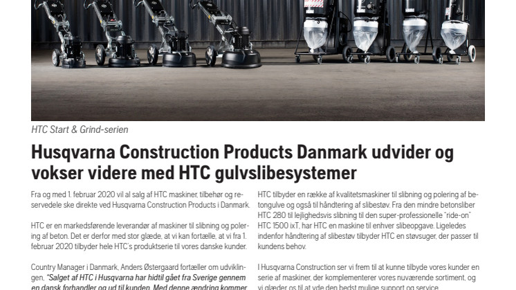 Husqvarna Construction Products Danmark udvider og vokser videre med HTC gulvslibesystemer