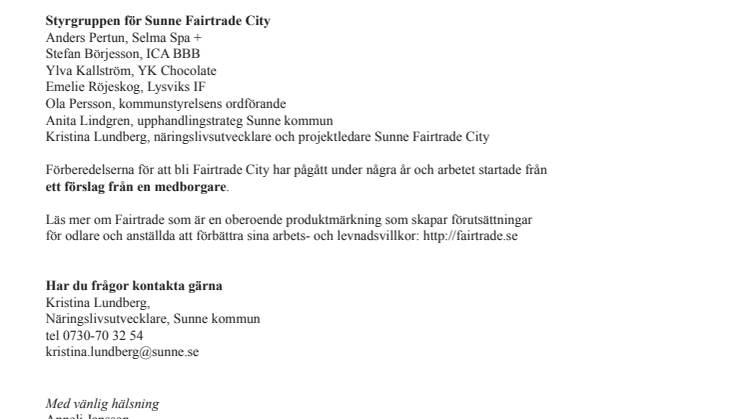Sunne blir diplomerad Fairtrade City