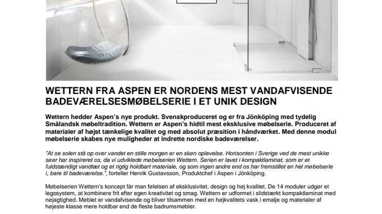 Wettern fra Aspen er Nordens mest vandafvisende badeværelsesmøbelserie i et unik design