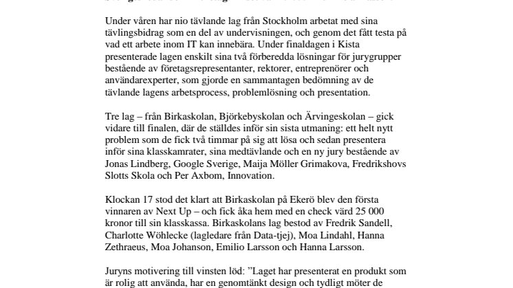 Birkaskolan på Ekerö vinnare av Next Up 2014!
