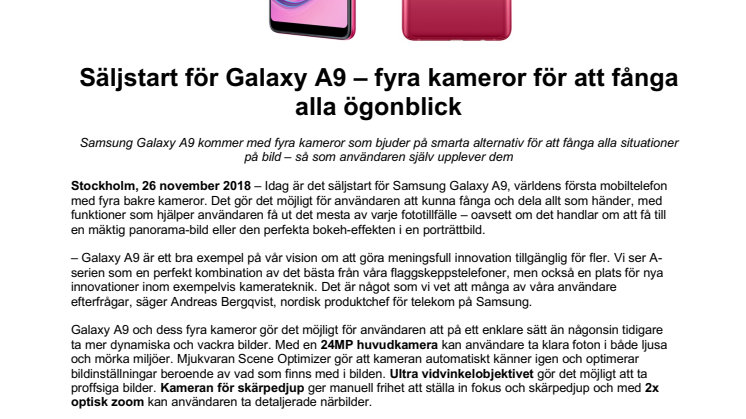 Säljstart för Galaxy A9 – fyra kameror för att fånga alla ögonblick