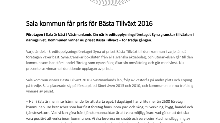 Sala kommun får pris för Bästa Tillväxt 2016