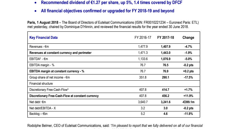 EUTELSAT COMMUNICATIONS  FOURTH QUARTER AND FULL YEAR 2017-18 RESULTS