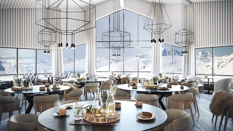 STORSATSING: Dette er de første bildene av Hurtigrutens nye storsatsing på Svalbard. Bildet viser hvordan restauranten på Radisson Blu Polar Hotel - verdens nordligste fullservicehotell - vil se ut etter oppgraderingen. Foto: HURTIGRUTEN SVALBARD