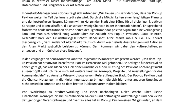 Es geht 2020 weiter im Pop Up Pavillon in Kiel - ab sofort Bewerbungen möglich