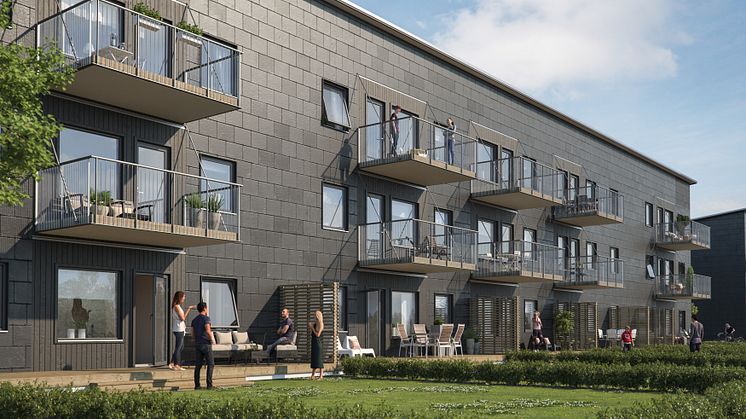 Illustration av trädgårdssida med altaner och balkonger samt grönytor, BoKlok Pilkvisten i Karlslund, Landskrona.