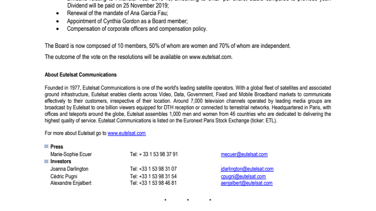 ANNUAL GENERAL MEETING OF EUTELSAT COMMUNICATIONS APPROBATION D’UN DIVIDENDE DE 1,27€ PAR ACTION