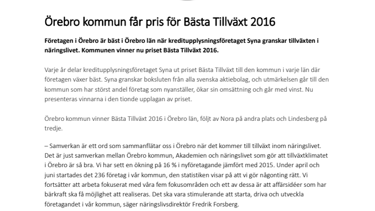 Örebro kommun får pris för Bästa Tillväxt 2016