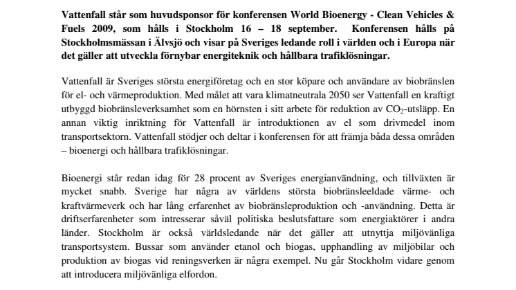 Vattenfall sponsor för konferens om bioenergi och rena fordon