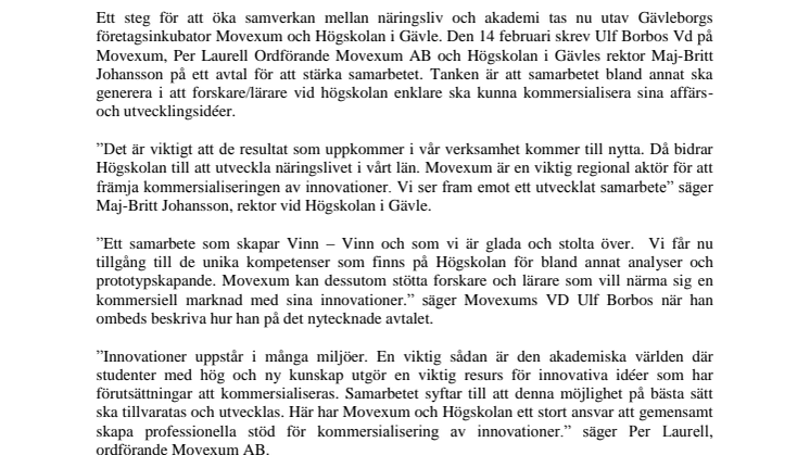 Högskolan i Gävle sluter avtal med regionens företagsinkubator