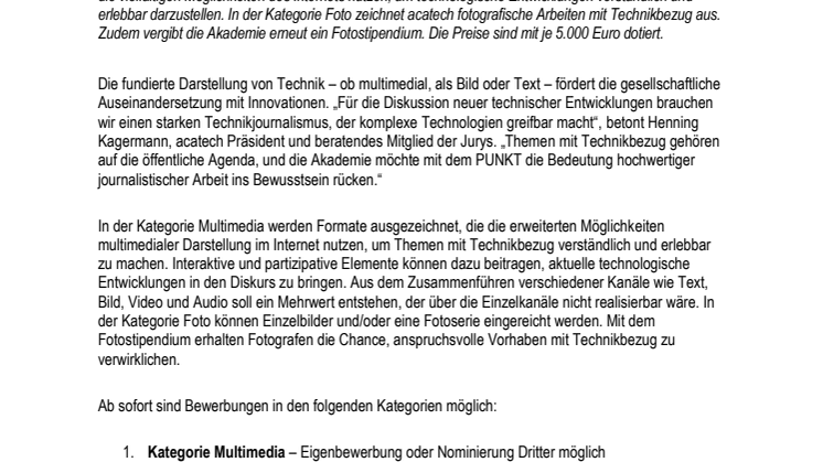 Journalistenpreis PUNKT 2015: Jetzt Multimedia-Formate und Fotos einreichen