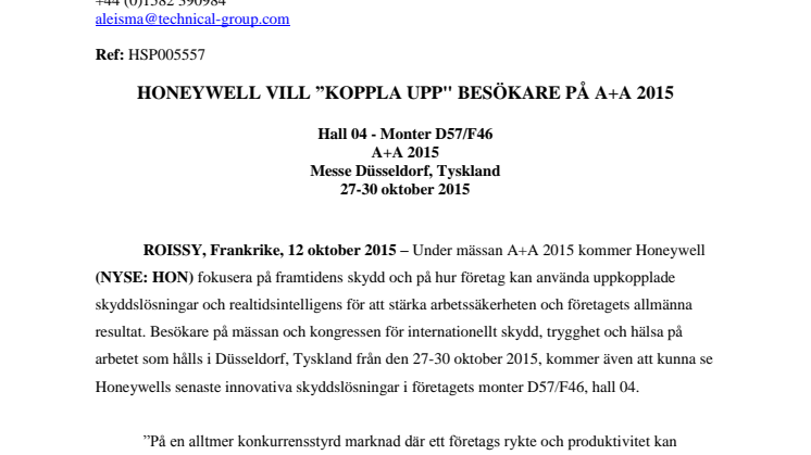 Honeywell vill ”koppla upp" besökare på A+A 2015