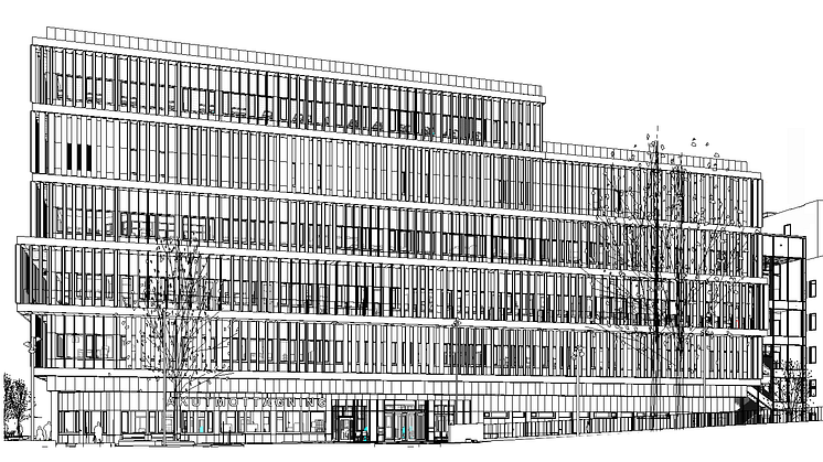 Syntolkning: Svart-vit arkitektbild av delar av sjukhusbyggnad i sex våningsplan.