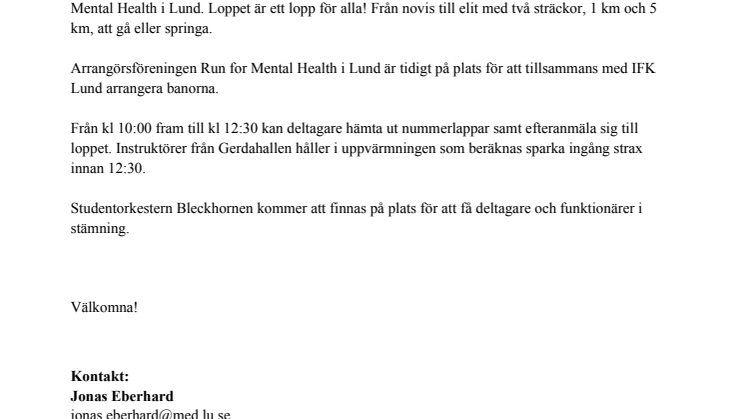 Välgörenhetsloppet Run for Mental Health, 7 oktober. Stadsparken i Lund