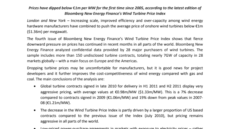 Bloomberg: Wind turbine prices fall to their lowest in recent years
