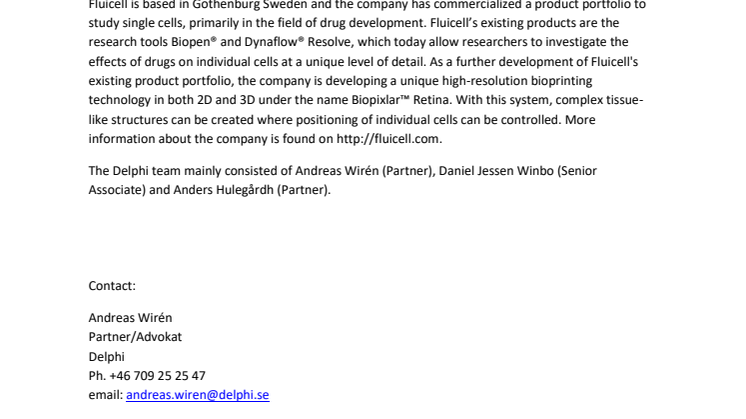 Delphi advisor in connection with rights issue and listing of Fluicell AB (Publ) on Nasdaq First North