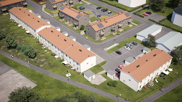 Översiktsillustration av det nya området i Bålsta. Radhusen i BoKlok Hörnan nederst i bild. 