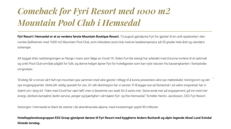 Comeback for Fyri Resort med 1 000 m2 Mountain Pool Club