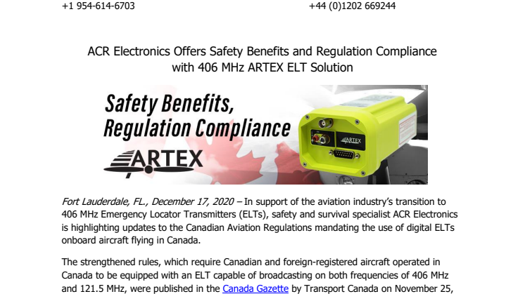 ACR Electronics Offers Safety Benefits and Regulation Compliance with 406 MHz ARTEX ELT Solution